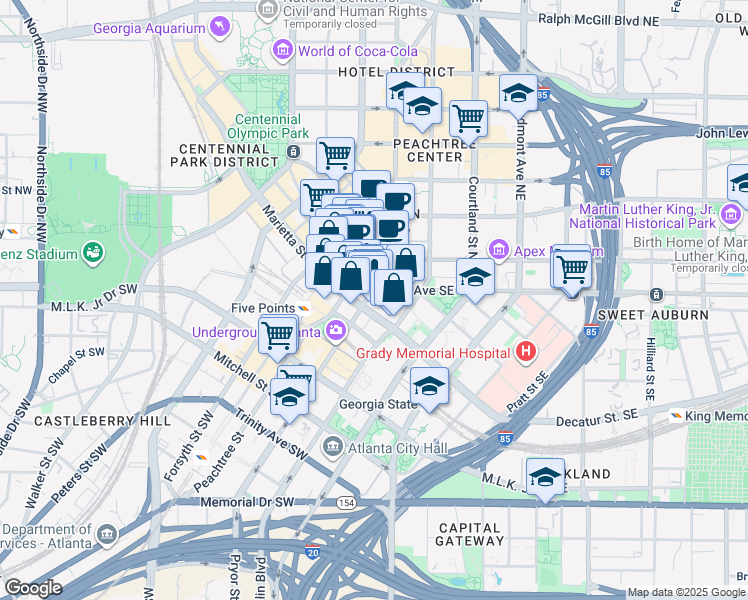 map of restaurants, bars, coffee shops, grocery stores, and more near 10 Pryor Street Southwest in Atlanta