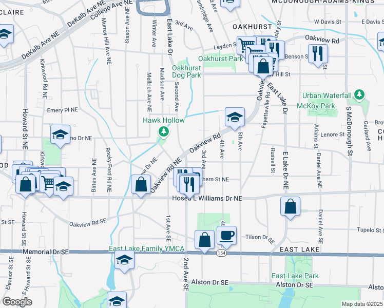 map of restaurants, bars, coffee shops, grocery stores, and more near 1518 Oakview Road in Decatur