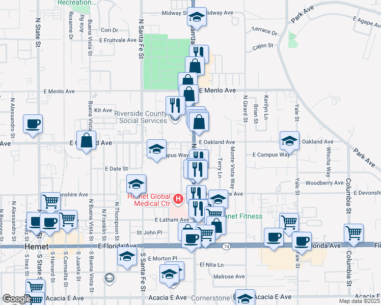 map of restaurants, bars, coffee shops, grocery stores, and more near 1220 East Campus Way in Hemet