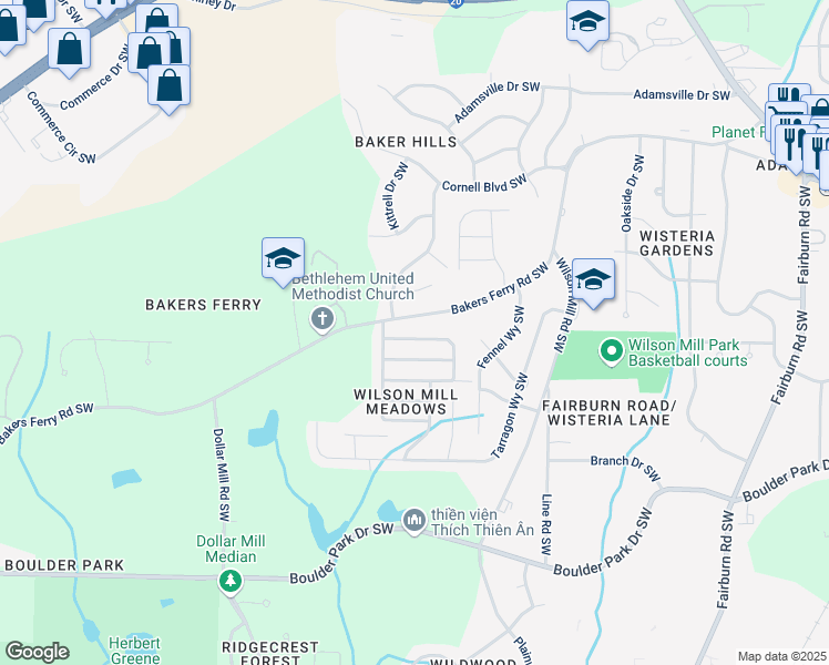 map of restaurants, bars, coffee shops, grocery stores, and more near 4065 Ester Drive Southwest in Atlanta