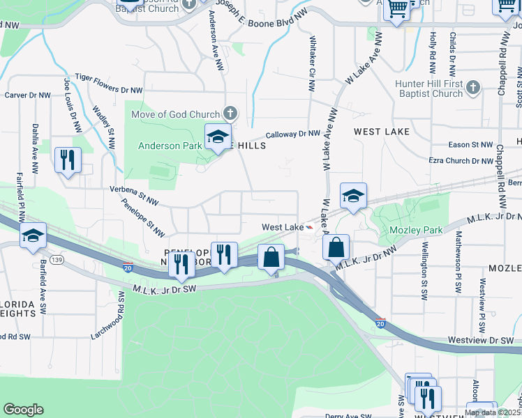 map of restaurants, bars, coffee shops, grocery stores, and more near 1810 Anderson Avenue Northwest in Atlanta