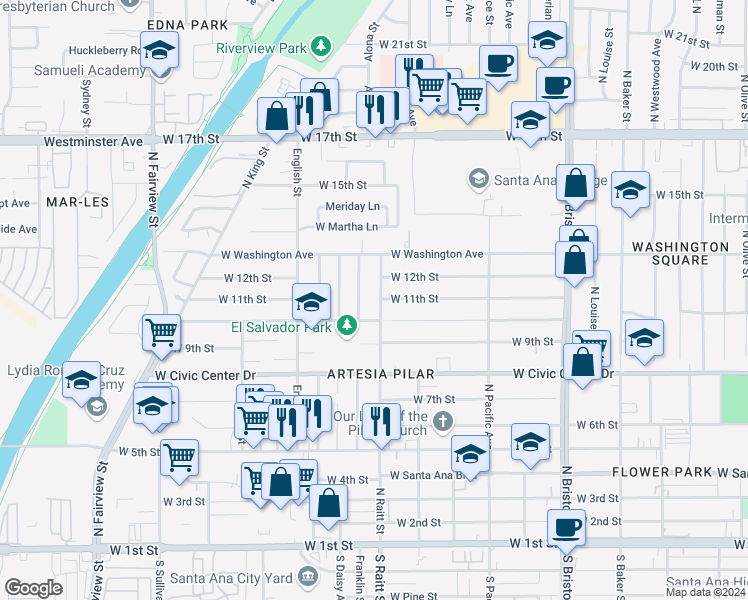 map of restaurants, bars, coffee shops, grocery stores, and more near 1020 North Raitt Street in Santa Ana