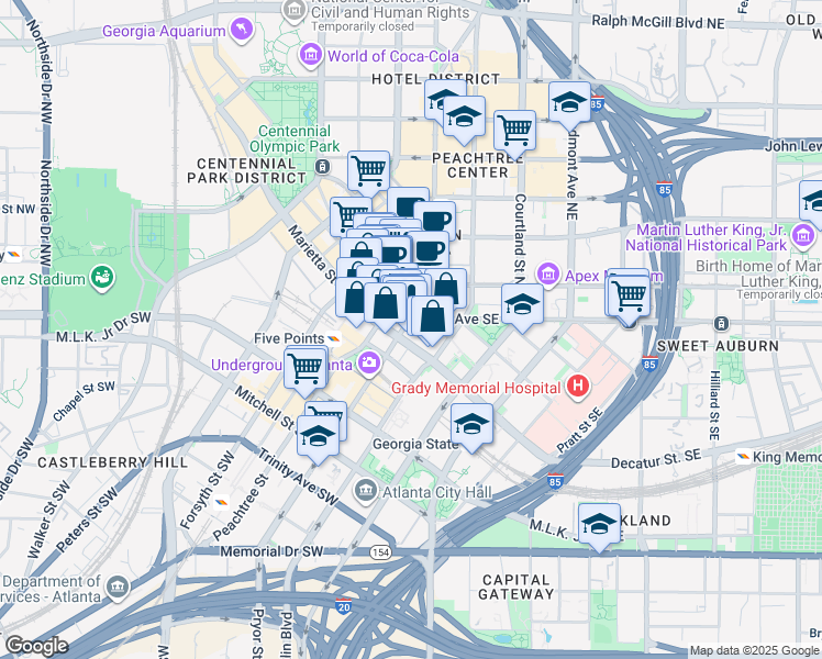 map of restaurants, bars, coffee shops, grocery stores, and more near 10 Pryor Street Southwest in Atlanta