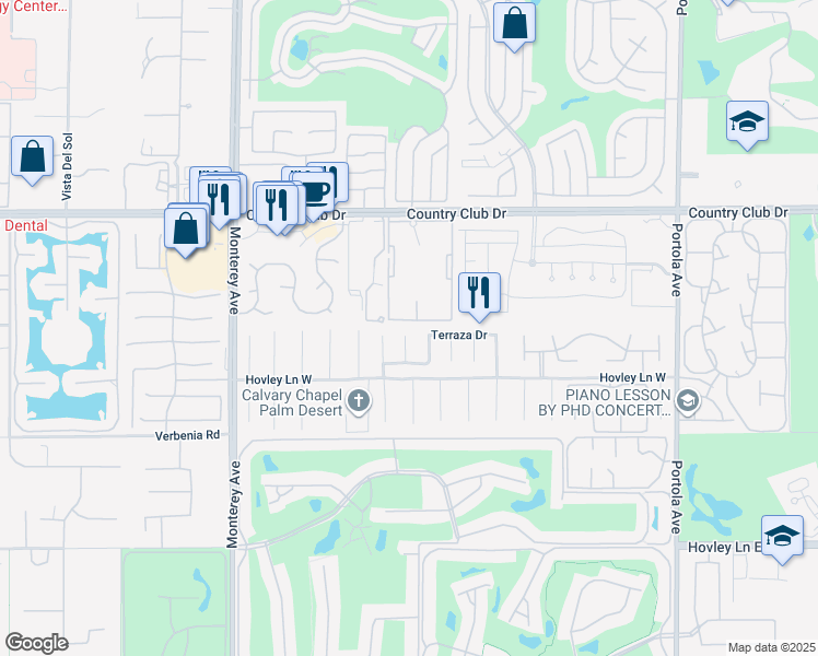 map of restaurants, bars, coffee shops, grocery stores, and more near 40520 Ventana Court in Palm Desert