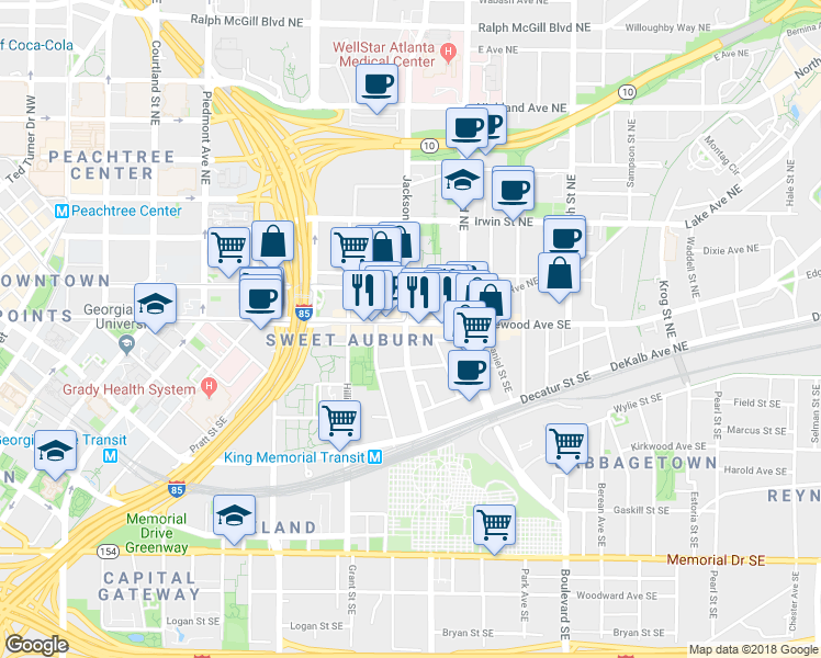 map of restaurants, bars, coffee shops, grocery stores, and more near 12 Jackson Street Southeast in Atlanta