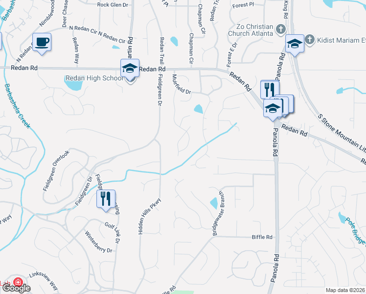 map of restaurants, bars, coffee shops, grocery stores, and more near 1322 Muirforest Way in Stone Mountain