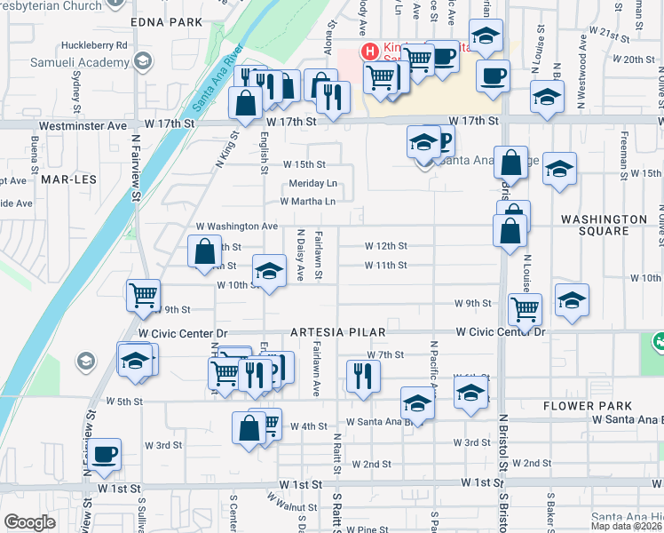 map of restaurants, bars, coffee shops, grocery stores, and more near 1020 North Raitt Street in Santa Ana