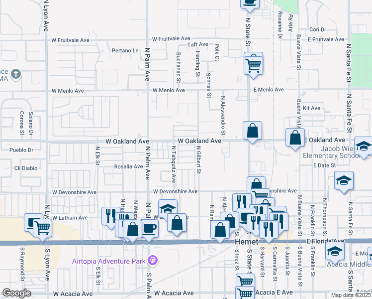 map of restaurants, bars, coffee shops, grocery stores, and more near 675 West Oakland Avenue in Hemet