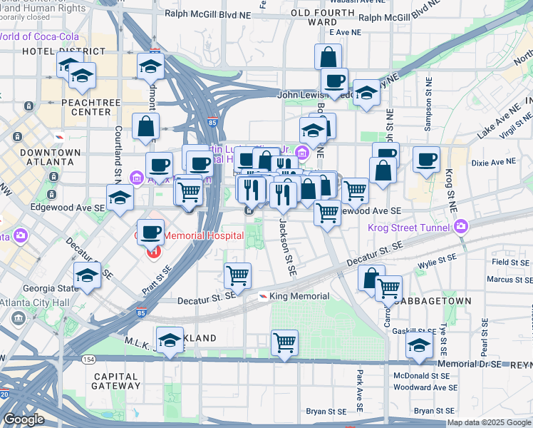 map of restaurants, bars, coffee shops, grocery stores, and more near 384 T Edgewood Avenue Southeast in Atlanta