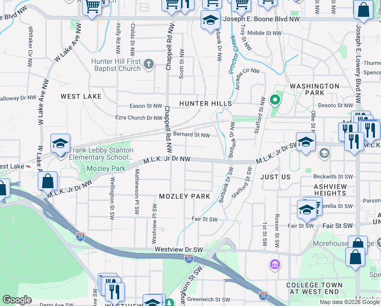 map of restaurants, bars, coffee shops, grocery stores, and more near 1355 Martin Luther King Junior Drive Southwest in Atlanta