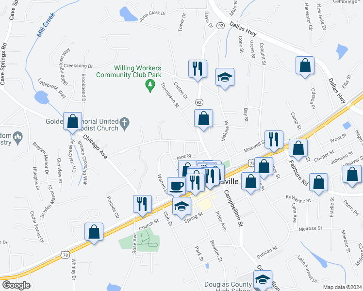 map of restaurants, bars, coffee shops, grocery stores, and more near 8289 Poplar Street in Douglasville