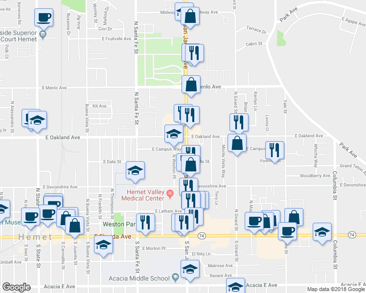 map of restaurants, bars, coffee shops, grocery stores, and more near 1220 East Campus Way in Hemet