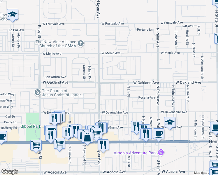 map of restaurants, bars, coffee shops, grocery stores, and more near 1525 West Oakland Avenue in Hemet