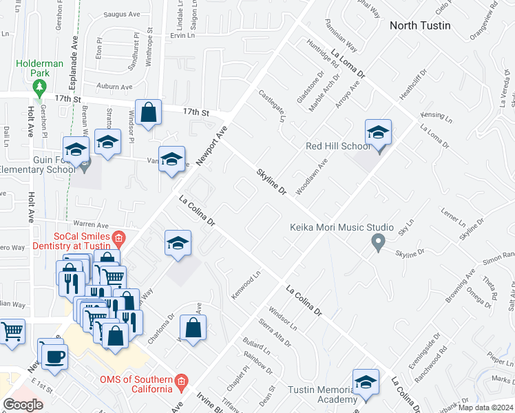 map of restaurants, bars, coffee shops, grocery stores, and more near 12331 Charloma Drive in Tustin