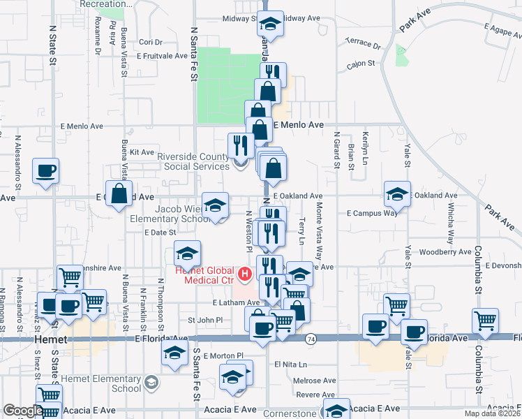 map of restaurants, bars, coffee shops, grocery stores, and more near 1220 East Campus Way in Hemet