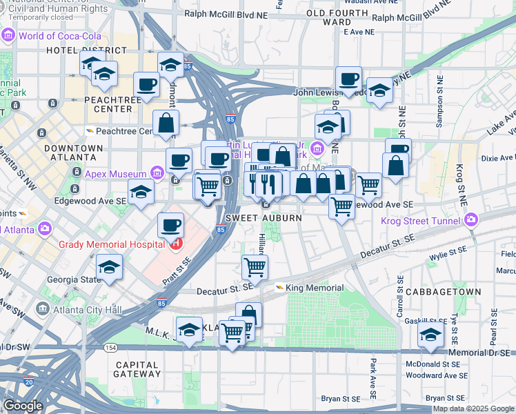 map of restaurants, bars, coffee shops, grocery stores, and more near 327 Edgewood Avenue Southeast in Atlanta