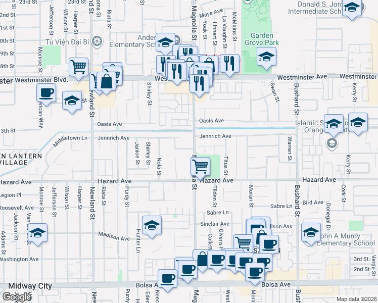 map of restaurants, bars, coffee shops, grocery stores, and more near 8952 McClure Avenue in Westminster