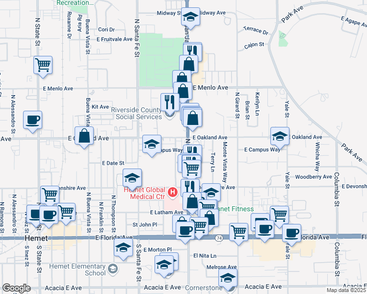map of restaurants, bars, coffee shops, grocery stores, and more near 456 North Weston Place in Hemet