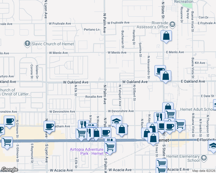 map of restaurants, bars, coffee shops, grocery stores, and more near in Hemet