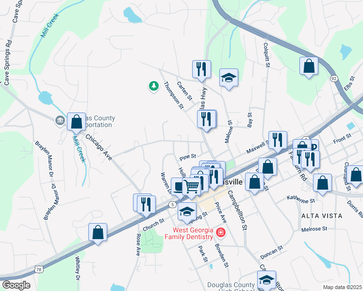 map of restaurants, bars, coffee shops, grocery stores, and more near 6774 James D. Simpson Avenue in Douglasville