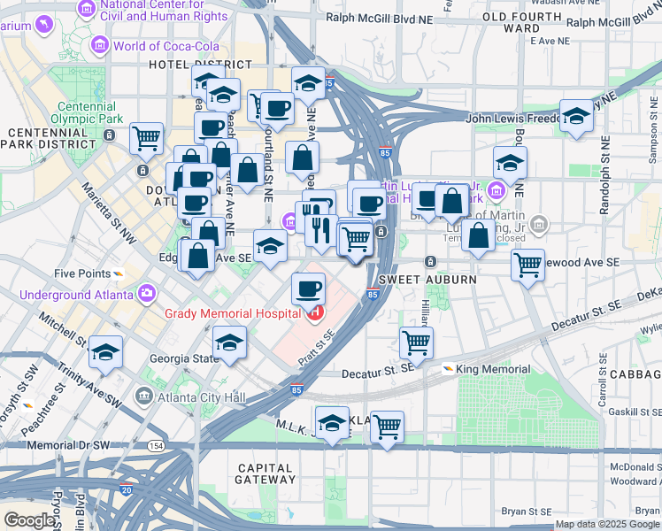 map of restaurants, bars, coffee shops, grocery stores, and more near in Atlanta