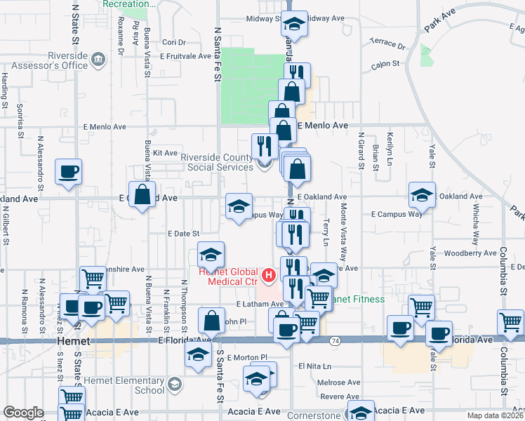 map of restaurants, bars, coffee shops, grocery stores, and more near 1124 East Campus Way in Hemet