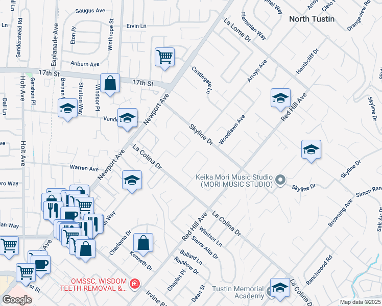 map of restaurants, bars, coffee shops, grocery stores, and more near 12331 Charloma Drive in Tustin