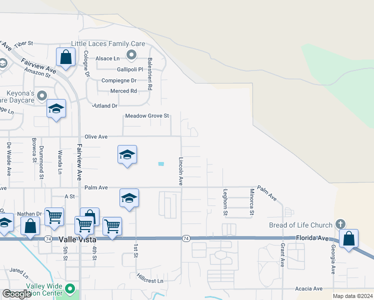 map of restaurants, bars, coffee shops, grocery stores, and more near 44531 Grovewood Circle in Hemet