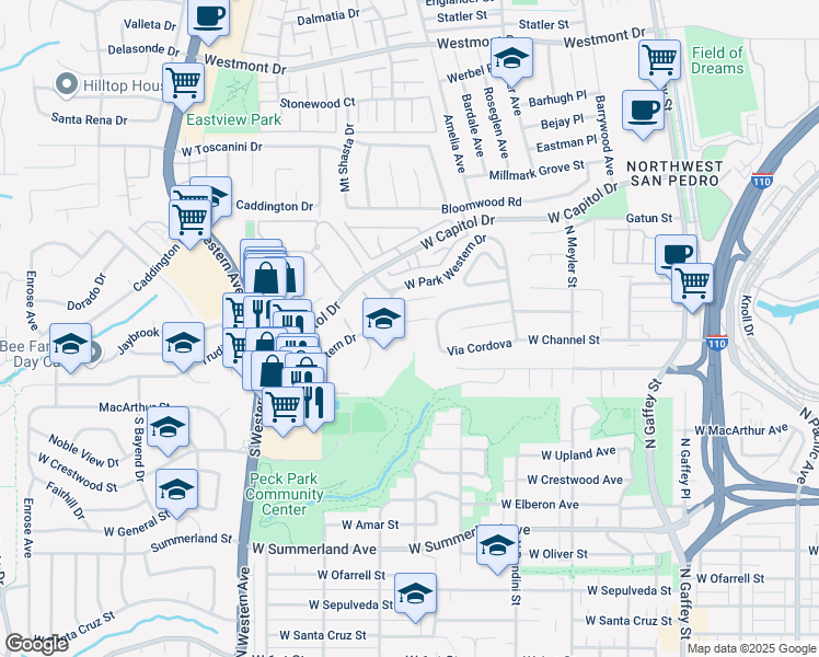 map of restaurants, bars, coffee shops, grocery stores, and more near 1130 Via Francisca in Los Angeles