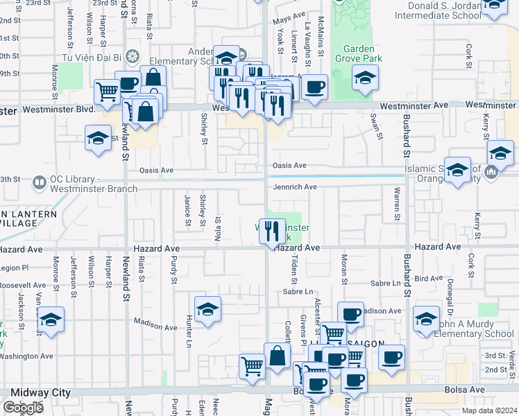 map of restaurants, bars, coffee shops, grocery stores, and more near 8952 McClure Avenue in Westminster
