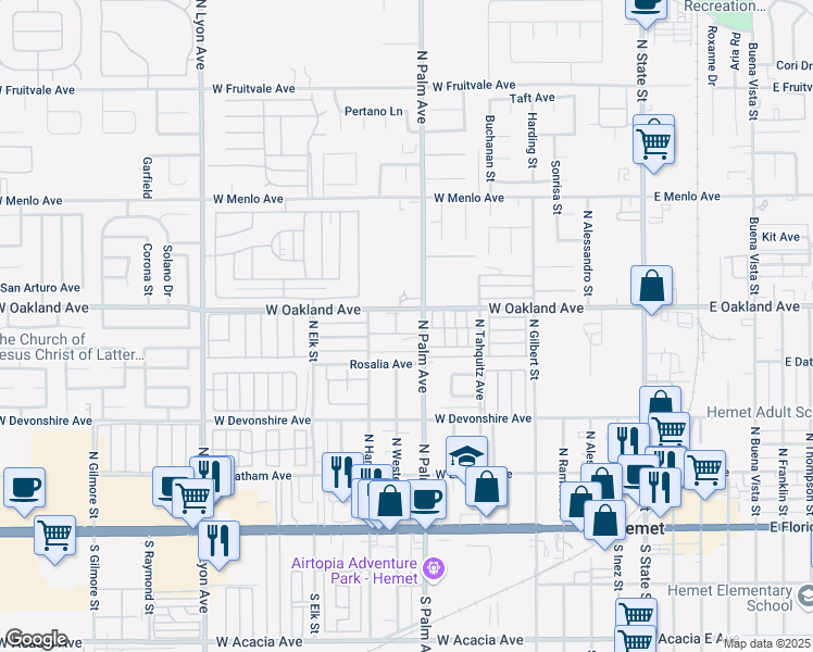 map of restaurants, bars, coffee shops, grocery stores, and more near 465 North Palm Avenue in Hemet