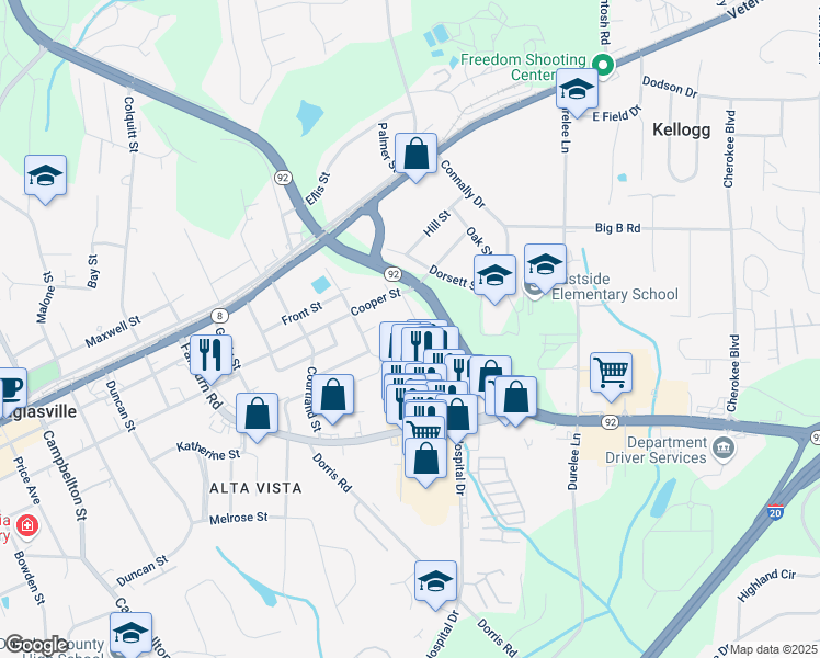 map of restaurants, bars, coffee shops, grocery stores, and more near 6140 Cooper Street in Douglasville