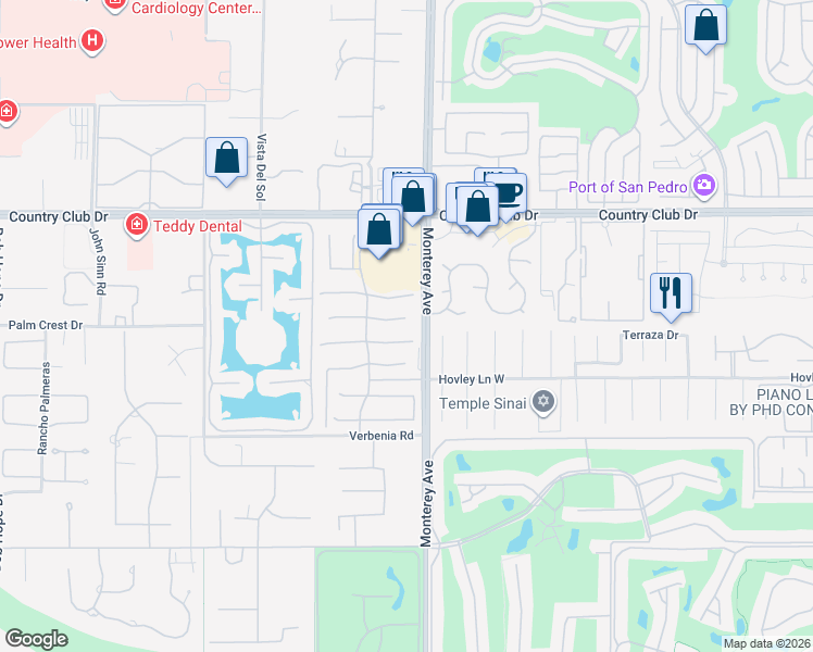 map of restaurants, bars, coffee shops, grocery stores, and more near 77 Calle Manzanita in Rancho Mirage
