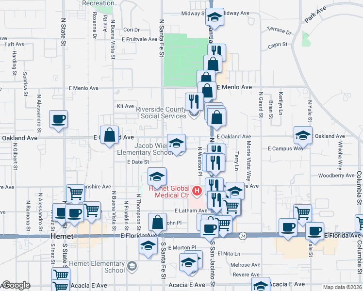 map of restaurants, bars, coffee shops, grocery stores, and more near 1095 East Oakland Avenue in Hemet