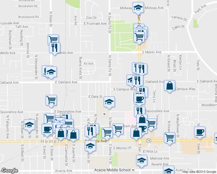 map of restaurants, bars, coffee shops, grocery stores, and more near 458 North Taylor Street in Hemet