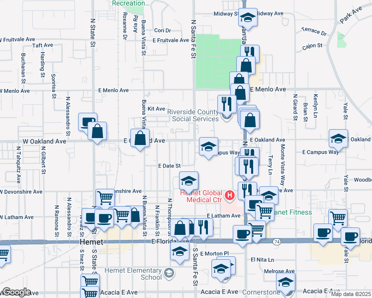 map of restaurants, bars, coffee shops, grocery stores, and more near 458 North Taylor Street in Hemet