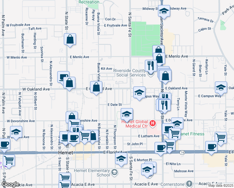 map of restaurants, bars, coffee shops, grocery stores, and more near 453 North Thompson Street in Hemet