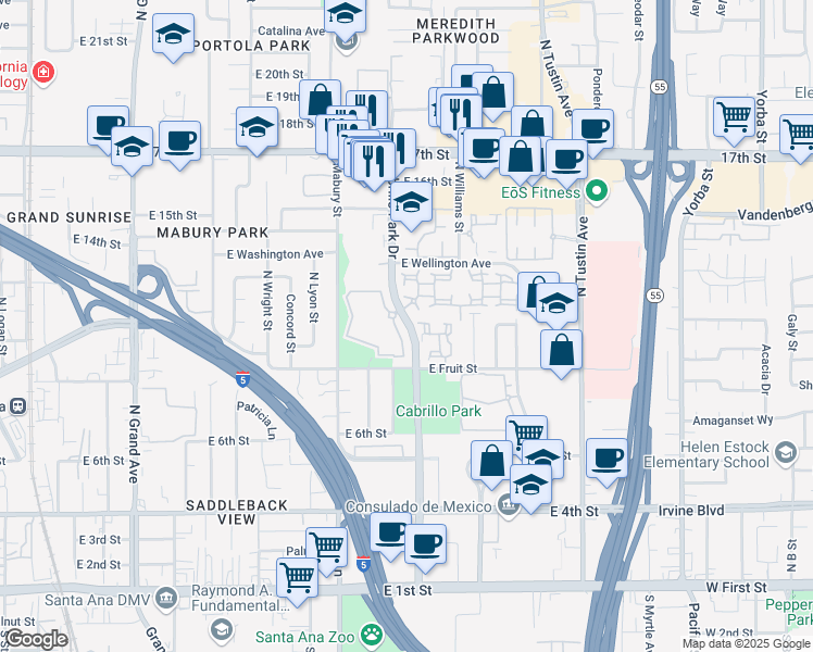 map of restaurants, bars, coffee shops, grocery stores, and more near 1008 Cabrillo Park Drive in Santa Ana