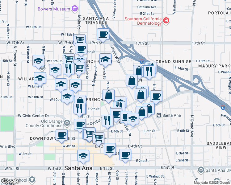 map of restaurants, bars, coffee shops, grocery stores, and more near 934 North Garfield Street in Santa Ana