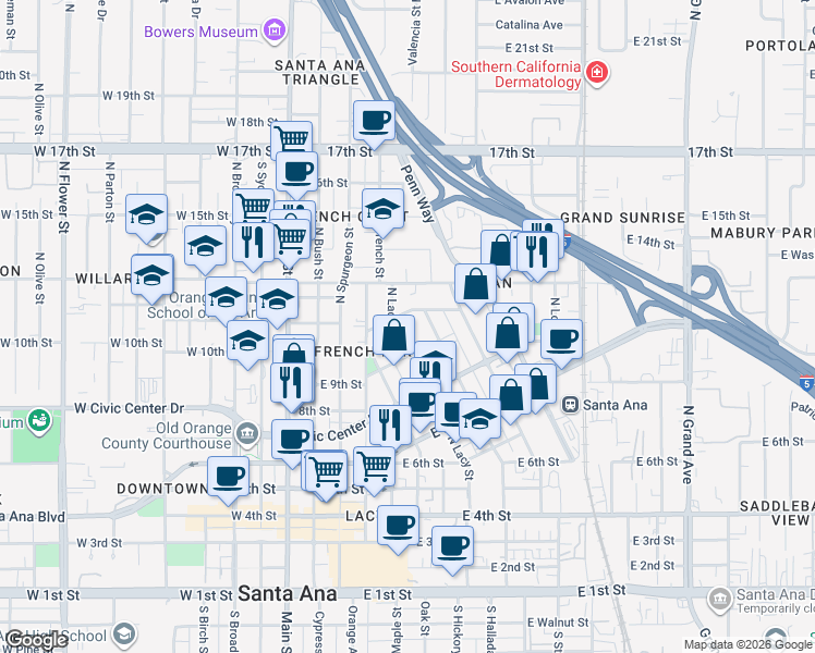 map of restaurants, bars, coffee shops, grocery stores, and more near 934 North Garfield Street in Santa Ana