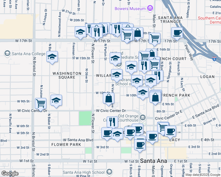 map of restaurants, bars, coffee shops, grocery stores, and more near 1019 North Parton Street in Santa Ana