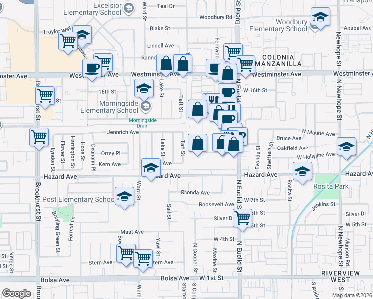 map of restaurants, bars, coffee shops, grocery stores, and more near 14342 Taft Street in Garden Grove