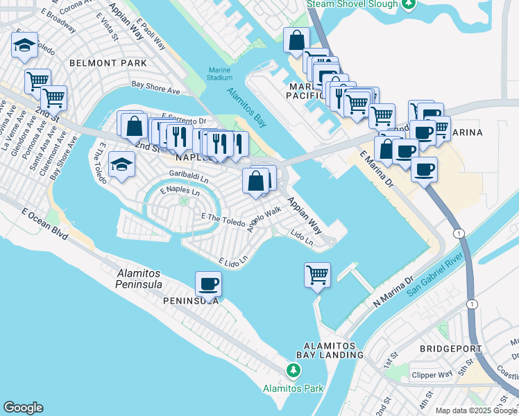 map of restaurants, bars, coffee shops, grocery stores, and more near in Long Beach