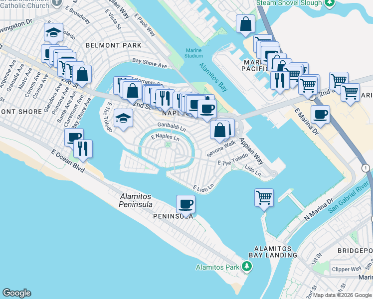 map of restaurants, bars, coffee shops, grocery stores, and more near 142 Rivo Alto Canal in Long Beach