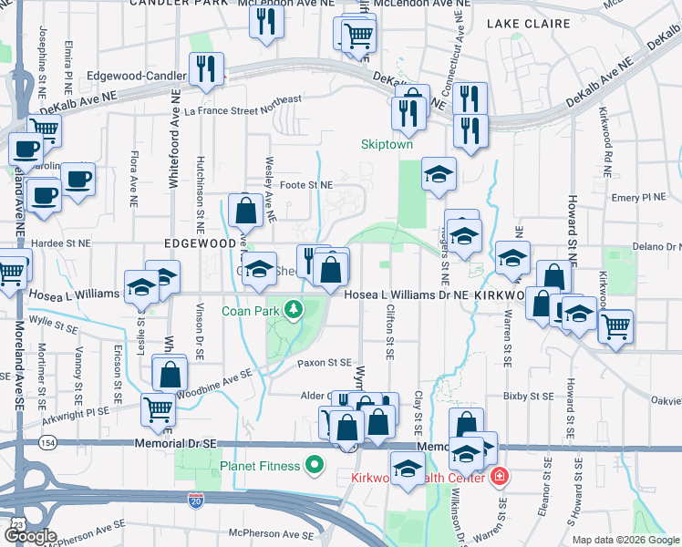 map of restaurants, bars, coffee shops, grocery stores, and more near 1625 Woodbine Avenue Northeast in Atlanta