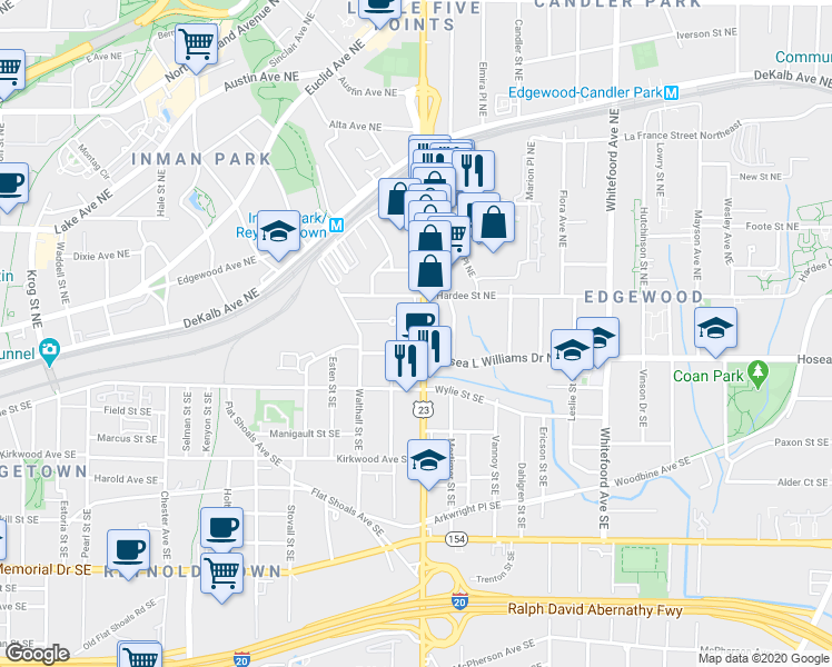 map of restaurants, bars, coffee shops, grocery stores, and more near 24 Moreland Avenue Northeast in Atlanta
