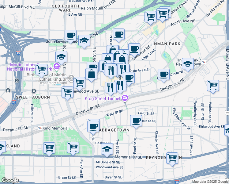 map of restaurants, bars, coffee shops, grocery stores, and more near 11 Skyline Way in Atlanta