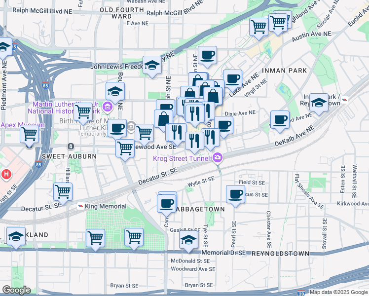 map of restaurants, bars, coffee shops, grocery stores, and more near 666 Edgewood Avenue Southeast in Atlanta