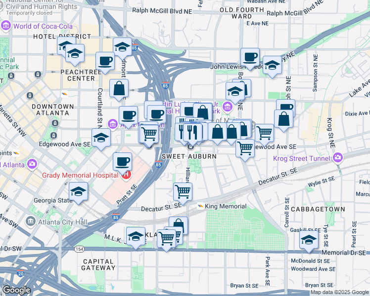 map of restaurants, bars, coffee shops, grocery stores, and more near 327 Edgewood Avenue Southeast in Atlanta