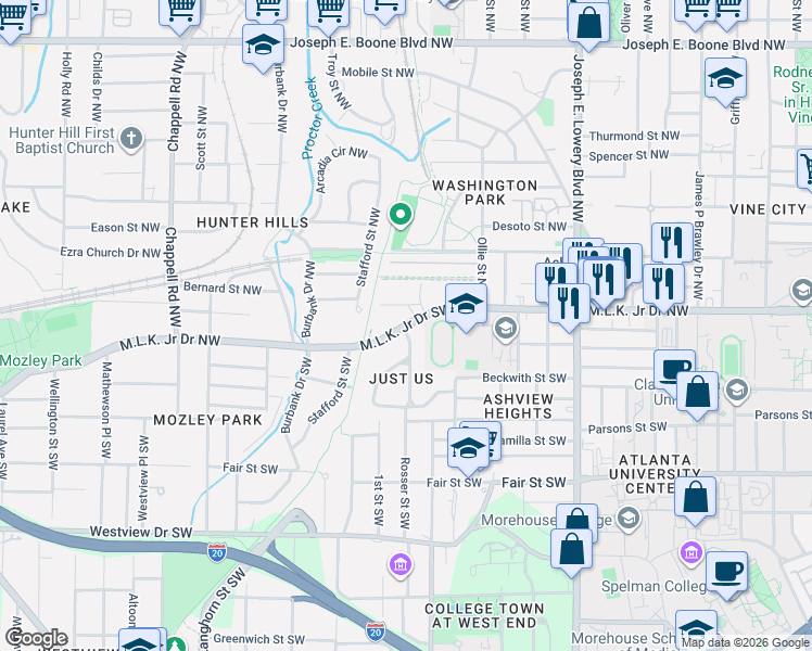map of restaurants, bars, coffee shops, grocery stores, and more near 1115 Martin Luther King Junior Drive Northwest in Atlanta